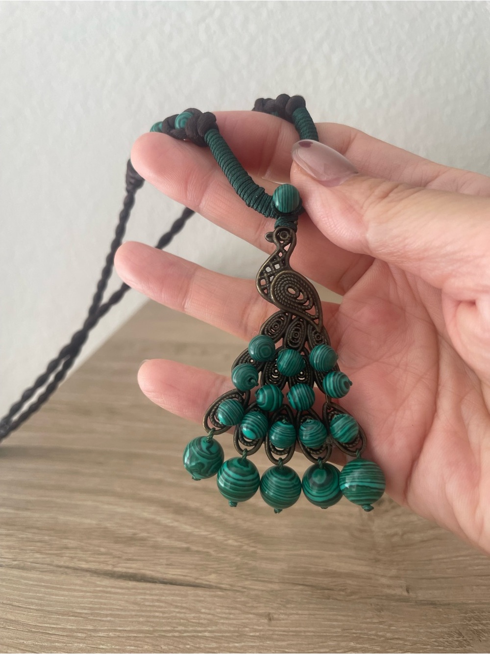 Handmade Green Bead Peacock Pendant Necklace - Women Jewelry